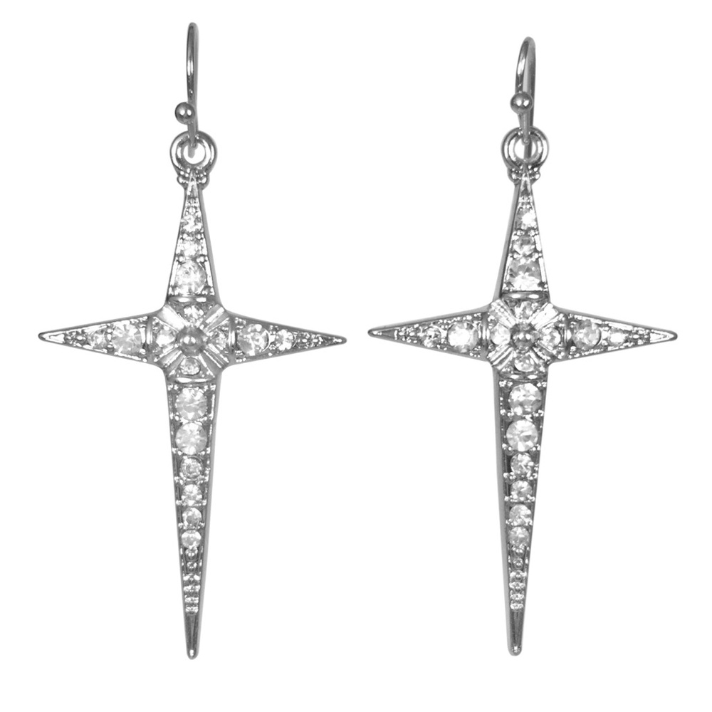 Pointed Christian Cross Silver Tone Rhinestone Dangle Earrings